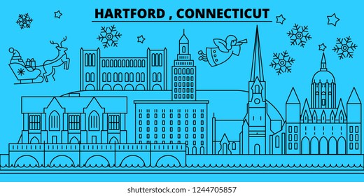 United States, Hartford winter holidays skyline. Merry Christmas, Happy New Year decorated banner with Santa Claus.United States, Hartford linear christmas city vector flat illustration