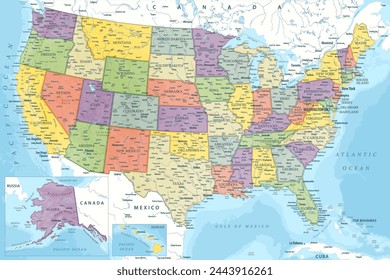 Estados Unidos - Mapa vectorial de colores altamente detallado de los Estados Unidos. Ideal para los carteles impresos.