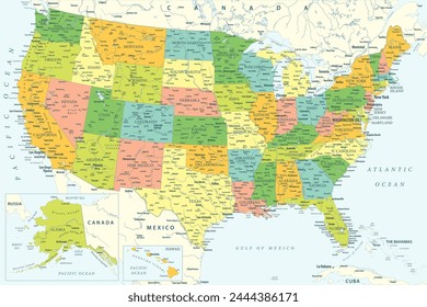 Estados Unidos - Mapa de Vector de colores altamente detallado de los Estados Unidos. Ideal para los carteles impresos.