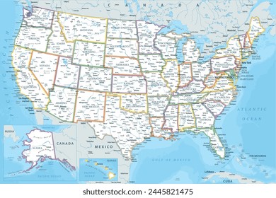 Estados Unidos - Mapa de Vector de colores altamente detallado de los Estados Unidos. Ideal para los carteles impresos.