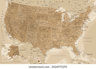 United States - Highly Detailed Vector Map of the USA. Ideally for the Print Posters. Blue Golden Beige Retro Style