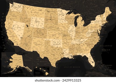 United States - Highly Detailed Vector Map of the USA. Ideally for the Print Posters. Black Golden Beige Retro Style