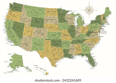United States - Highly Detailed Vector Map of the USA. Ideally for the Print Posters. Green Yellow Golden Colors