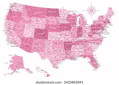 United States - Highly Detailed Vector Map of the USA. Ideally for the Print Posters. Pink Rose White Colors