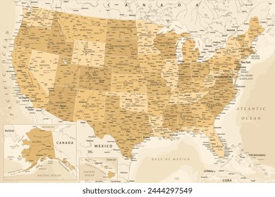 Estados Unidos - Mapa de Vector altamente detallado de los Estados Unidos. Ideal para los carteles impresos. Mancha dorada Beige Estilo retro