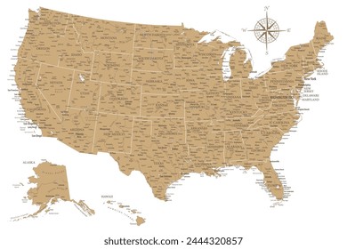 United States - Highly Detailed Vector Map of the USA. Ideally for the Print Posters. Golden Colors