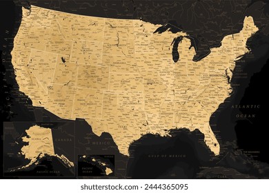 Estados Unidos - Mapa de Vector altamente detallado de los Estados Unidos. Ideal para los carteles impresos. Estilo retro dorado negro