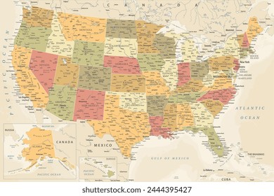 Estados Unidos - Mapa de Vector altamente detallado de los Estados Unidos. Ideal para los carteles impresos. Cálidos Colores Antiguas. Estilo retro