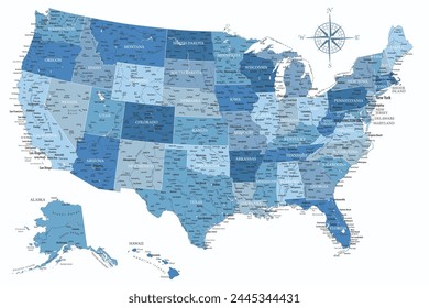 United States - Highly Detailed Vector Map of the USA. Ideally for the Print Posters. Faded Blue White Colors