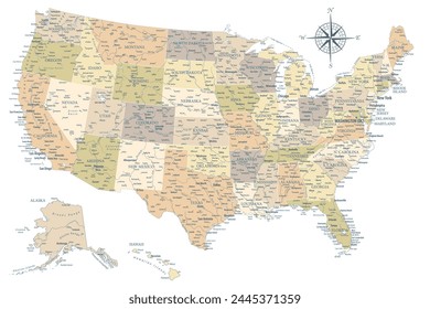 United States - Highly Detailed Vector Map of the USA. Ideally for the Print Posters. Pastel Vintage Colors. Retro Style