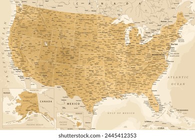 United States - Highly Detailed Vector Map of the USA. Ideally for the Print Posters. Golden Spot Relief Topographic Beige Retro Style