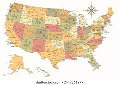 Estados Unidos - Mapa de Vector altamente detallado de los Estados Unidos. Ideal para los carteles impresos. Cálidos Colores Antiguas. Estilo retro