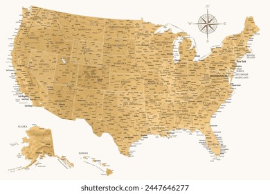 United States - Highly Detailed Vector Map of the USA. Ideally for the Print Posters. Golden Colors Retro Style