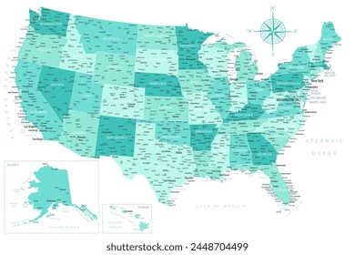 United States - Highly Detailed Vector Map of the USA. Ideally for the Print Posters. Turquoise Blue Green Spot Beige Retro Style