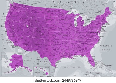 United States - Highly Detailed Vector Map of the USA. Ideally for the Print Posters. Amethyst Lilac Purple Colors. Relief Topographic