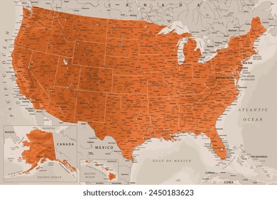 United States - Highly Detailed Vector Map of the USA. Ideally for the Print Posters. Terracotta Brown Orange Beige Colors. Relief Topographic