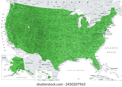 United States - Highly Detailed Vector Map of the USA. Ideally for the Print Posters. Emerald Green Grey Colors. Relief Topographic