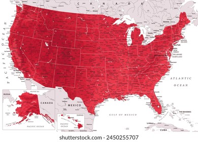 United States - Highly Detailed Vector Map of the USA. Ideally for the Print Posters. Ruby Red Colors. Relief Topographic