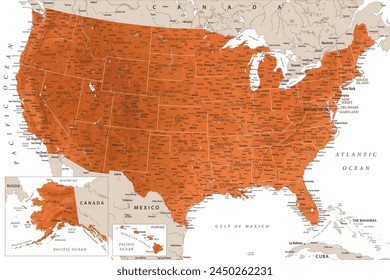 United States - Highly Detailed Vector Map of the USA. Ideally for the Print Posters. Terracotta Brown Orange Beige Colors. Relief Topographic