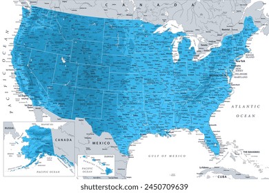 United States - Highly Detailed Vector Map of the USA. Ideally for the Print Posters. Sapphire Blue Green Grey Colors. Relief Topographic