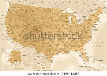 United States - Highly Detailed Vector Map of the USA. Ideally for the Print Posters. Golden Spot Relief Topographic Beige Retro Style