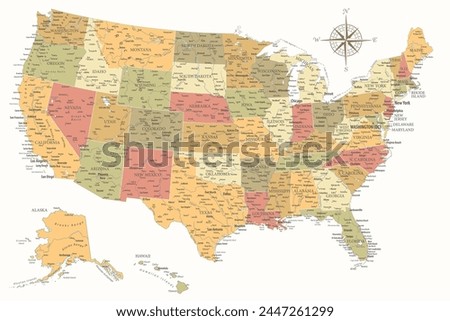 United States - Highly Detailed Vector Map of the USA. Ideally for the Print Posters. Warm Vintage Colors. Retro Style