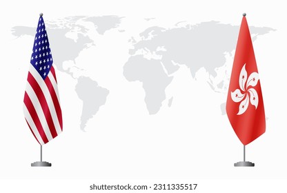 United States and Hong Kong flags for official meeting against background of world map.