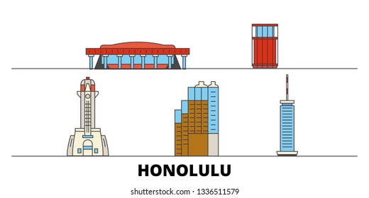 United States, Honolulu flat landmarks vector illustration. United States, Honolulu line city with famous travel sights, skyline, design. 