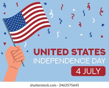 United States independence day 4 July. United States flag in hand. Greeting card, poster, banner template