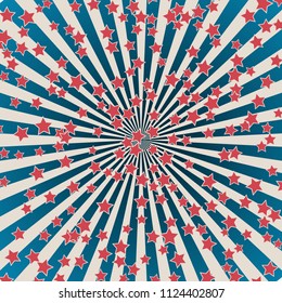 United States Independence Day 4th of July or Memorial Day banner. Retro patriotic vector illustration. Concentric stripes and stars confetti  in colors of American flag. Red, blue and white rays.  