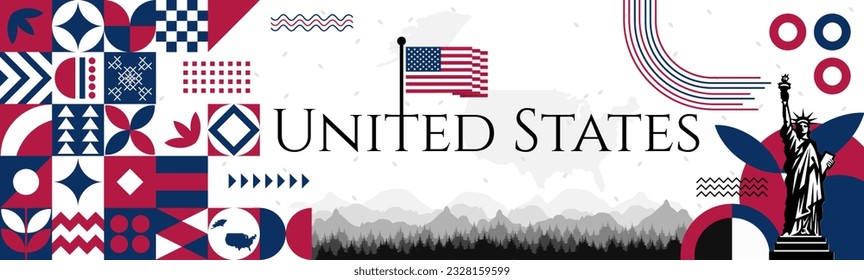 United States Independence Day abstract banner design with flag and map. Flag color theme geometric pattern retro modern Illustration design. green and red color template.