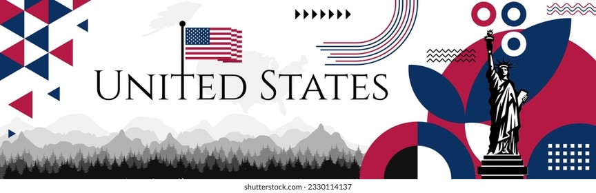 United States Independence Day abstract banner design with flag and map. Flag color theme geometric pattern retro modern Illustration design. green and red color template.