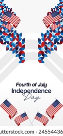 United States Independence Day banner in colorful modern geometric style. USA National Day greeting card cover on 4th of July with country flag. Vertical backgrounds for celebrating national holidays