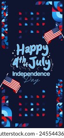 United States Independence Day banner in colorful modern geometric style. USA National Day greeting card cover on 4th of July with country flag. Vertical backgrounds for celebrating national holidays