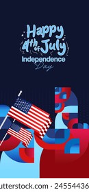 United States Independence Day banner in colorful modern geometric style. USA National Day greeting card cover on 4th of July with country flag. Vertical backgrounds for celebrating national holidays
