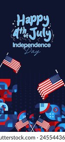 United States Independence Day banner in colorful modern geometric style. USA National Day greeting card cover on 4th of July with country flag. Vertical backgrounds for celebrating national holidays