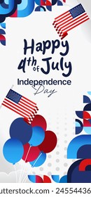 United States Independence Day banner in colorful modern geometric style. USA National Day greeting card cover on 4th of July with country flag. Vertical backgrounds for celebrating national holidays
