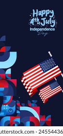 United States Independence Day banner in colorful modern geometric style. USA National Day greeting card cover on 4th of July with country flag. Vertical backgrounds for celebrating national holidays
