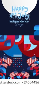 United States Independence Day banner in colorful modern geometric style. USA National Day greeting card cover on 4th of July with country flag. Vertical backgrounds for celebrating national holidays