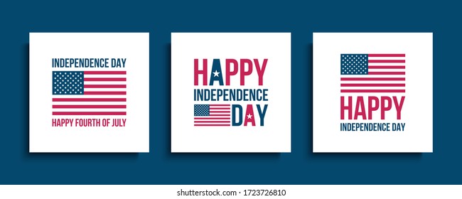 United States Independence Day celebrate cards with american national flag. USA national holiday design templates set. Vector illustration.