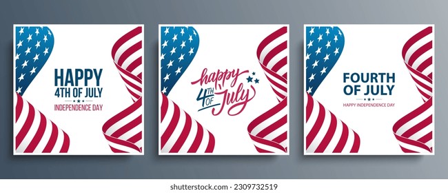 United States Independence Day celebration cards with waving American national flag. Fourth of July Set. USA national holiday greetings. Vector illustration.