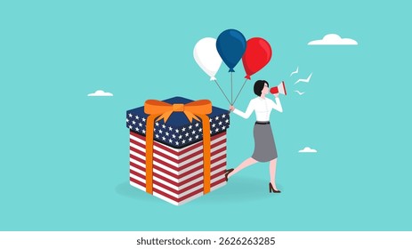 United States Independence Day celebration, happy 4th of july, Businesswoman announce door prize winners at American Independence Day event with giftbox and balloons with American flag patterns