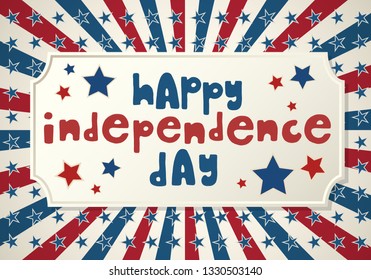 United States Independence Day greeting card. American patriotic design. Hand drawn lettering over traditional stars and stripes background.