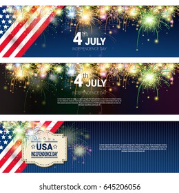 United States Independence Day Holiday 4 July Horizontal Banners Set Flat Vector Illustration