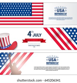 United States Independence Day Holiday 4 July Horizontal Banners Set Flat Vector Illustration