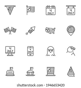 United States independence day line icons set, outline vector symbol collection, linear style pictogram pack. Signs, logo illustration. Set includes icons as fourth of july calendar day, USA flag, map
