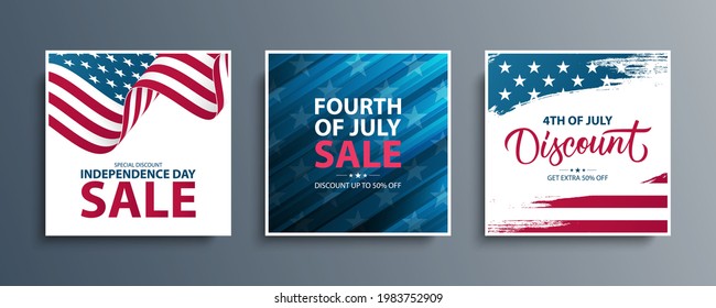 United States Independence Day Sale special offer promotional backgrounds set for business, advertising and holiday shopping. Fourth of July sales events cards. Vector illustration.