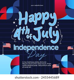 United States Independence Day square banner in colorful modern geometric style. USA National Day greeting card cover on 4th of July with country flag. Backgrounds for celebrating national holidays