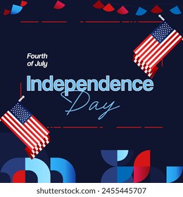 United States Independence Day square banner in colorful modern geometric style. USA National Day greeting card cover on 4th of July with country flag. Backgrounds for celebrating national holidays