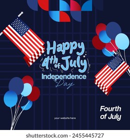 United States Independence Day square banner in colorful modern geometric style. USA National Day greeting card cover on 4th of July with country flag. Backgrounds for celebrating national holidays